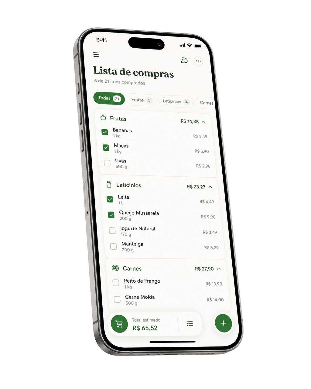 Aplicativo organiQ exibindo uma lista de compras organizada por categorias